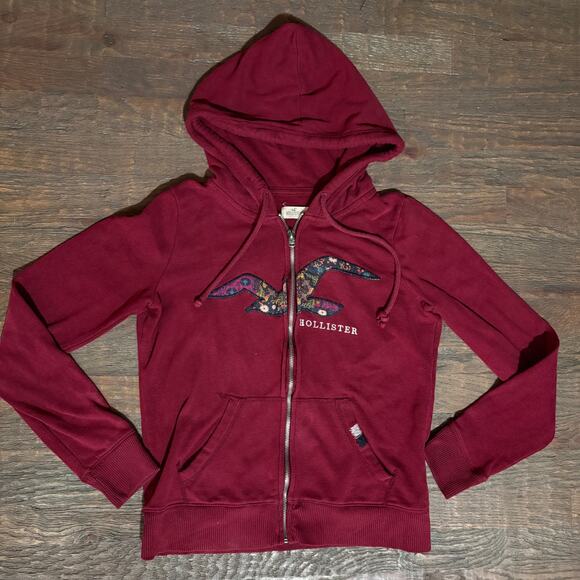 Hollister burgundy zip hoodie medium floral logo Y2K vintage cozycore See pics - Picture 10 of 10